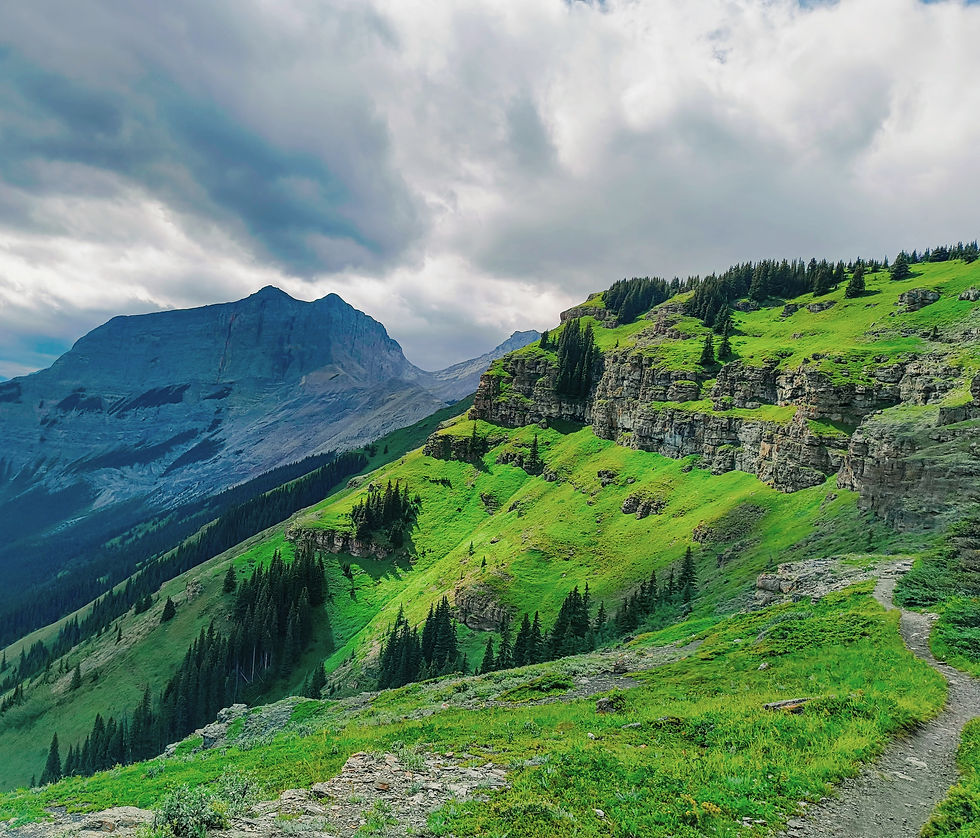 Dramatic view of lush green alpine slopes and rocky cliffs in the Canadian Rockies under stormy skies, taken on a rainy summer day near Banff
