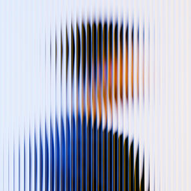 Abstract, vertically distorted portrait of a person. The image consists of sharp, narrow lines through which a face is faintly visible. The color palette ranges from deep blue to warm orange and skin tones, creating a modern, dynamic effect.