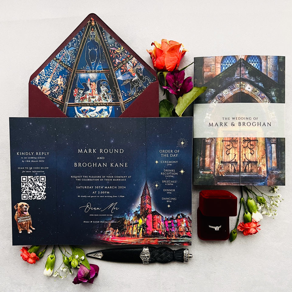 Oran Mor Gatefold Invitation with coloured envelope and bespoke liner. Outside of Gatefold with vellum bellyband.