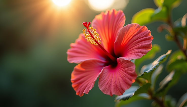Eye-level view of hibiscus flower in full bloom with soft sunlight