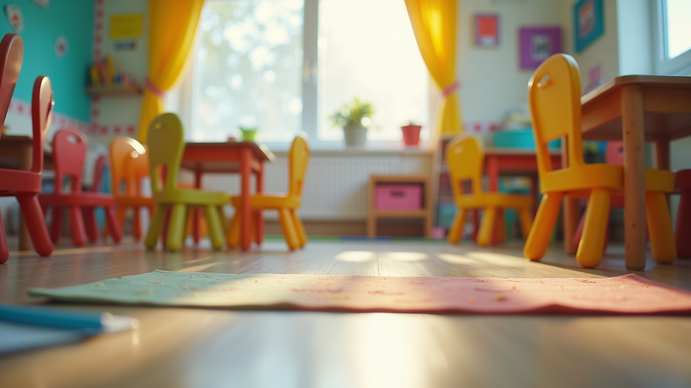 Eye-level view of a cheerful colorful classroom filled with early learning resources