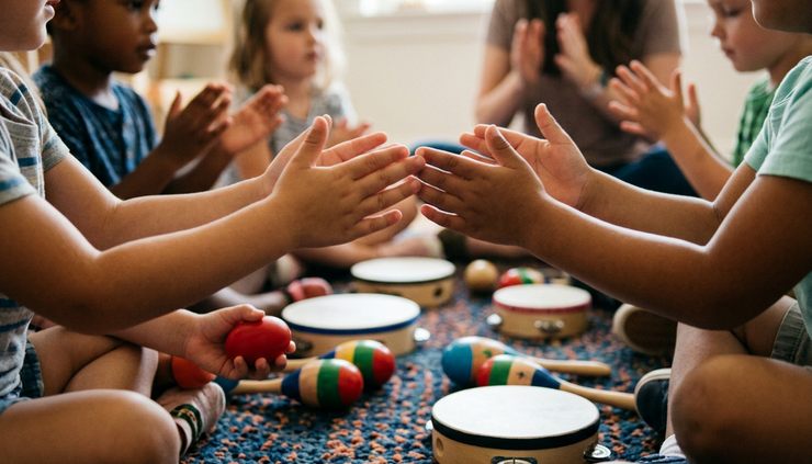 Close-up view of small hands clapping along to a children's music activity