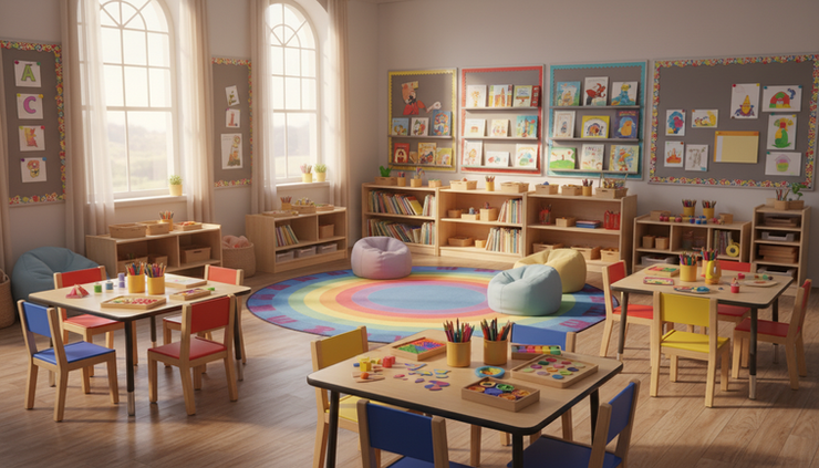 Wide-angle view of a cheerful preschool learning space with colorful classroom materials.