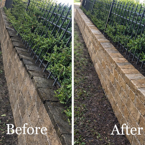 Dirty brick retaining wall Before and After professional cleaning results.