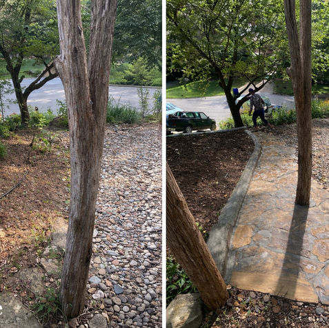 "Before" natural ground, "After" new stone pathway, landscaped garden.