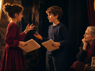 Two children rehearsing a dialogue while an older family member watches supportively from the side.