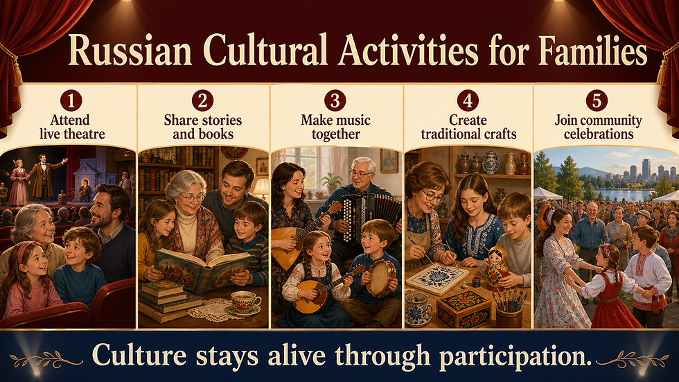 Infographic showing Russian cultural activities for families, including live theatre, shared stories and books, music, traditional crafts, and community celebrations.