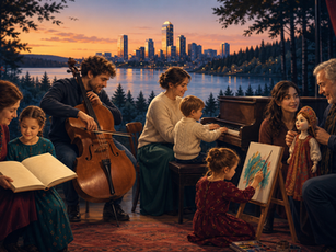 Multigenerational families sharing theatre, music, painting and stories overlooking an Eastside cityscape.