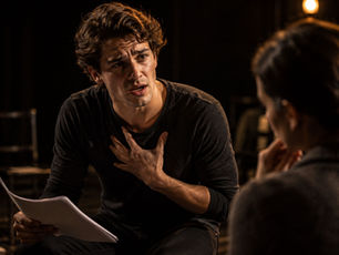 Actor rehearsing an emotional scene naturally during theatre rehearsal