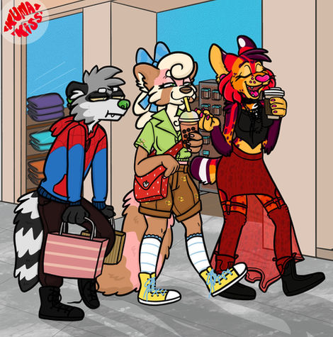 An anthropomorphic trio of a serval cat, red panda, and raccoon are out on a mall adventure. The cat and red panda are enjoying beverages and chatting happily, while the raccoon begrudgingly carries their shopping bags.