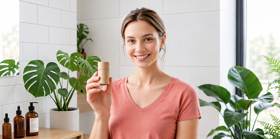 Une jolie jeune femme présnte un tube en carton pour déodorant solide en carton kraft pour la marque Bambou Ecopack Origin