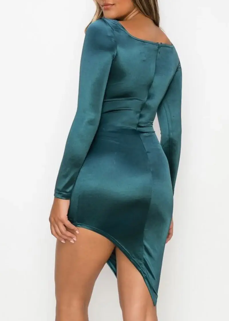 Thumbnail: Privy Satin Waist Ribbon Tie Asymmetrical Bodycon Dress