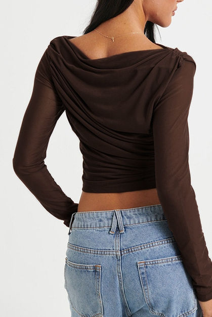 Thumbnail: Round Neck Mesh See-Through Neckline Top