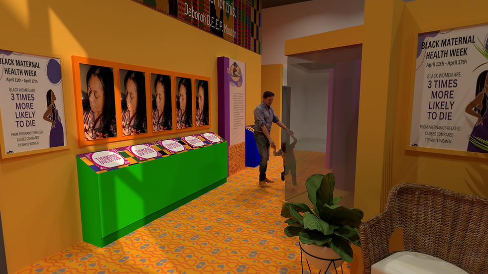 An orange room at a museum with a green interactive platform sit anchored by four portrait photos