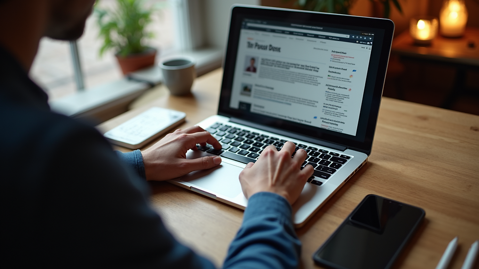 High angle view of a person reading news sources on a laptop