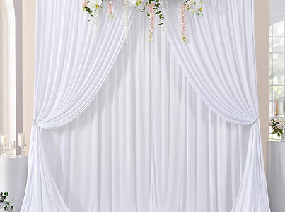 Luxury white drape backdrop with floral décor – perfect for photo booth rentals in Montreal, Laval & Ottawa