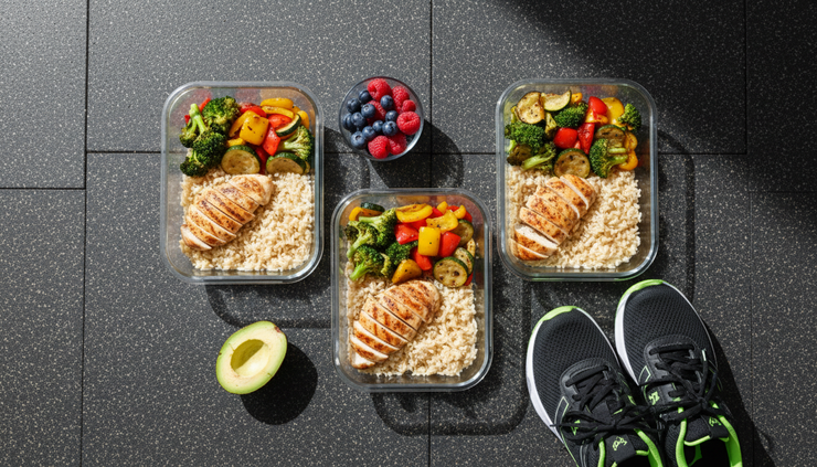 Overhead view of balanced meal prep containers beside workout shoes.