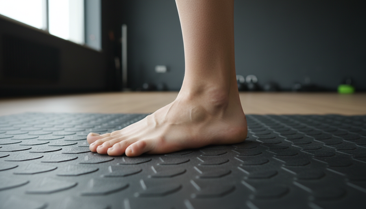 Close-up view of a bare foot balancing on a textured training surface.