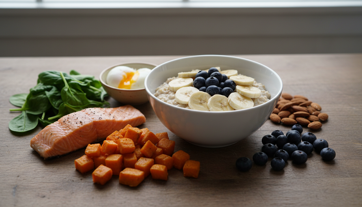 Close-up of colorful whole foods arranged around a bowl of oatmeal.