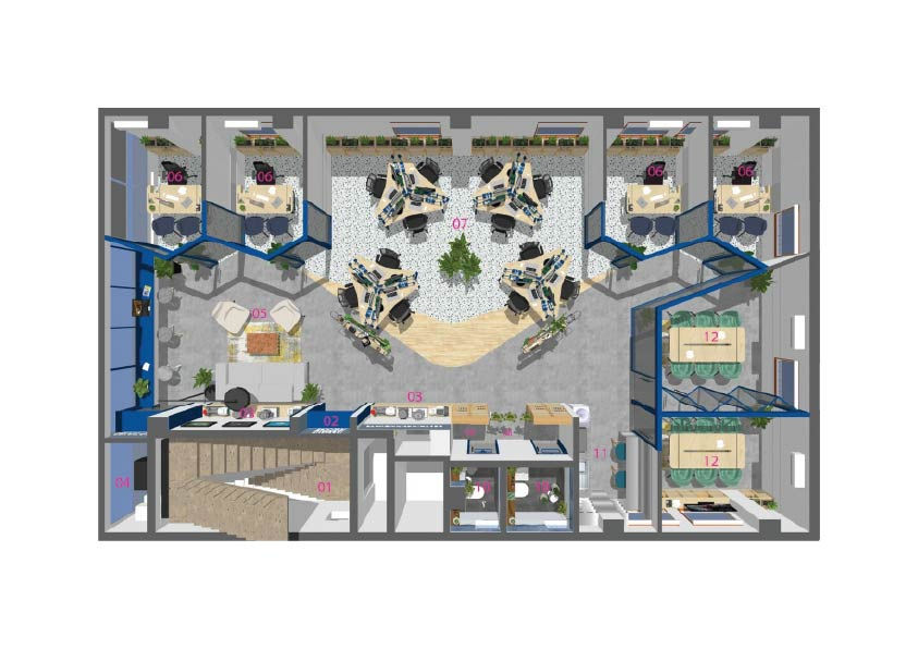 The image shows an office floor plan with desks, chairs, plants, and meeting rooms. Blue partitions and gray floors. Numbers label sections.