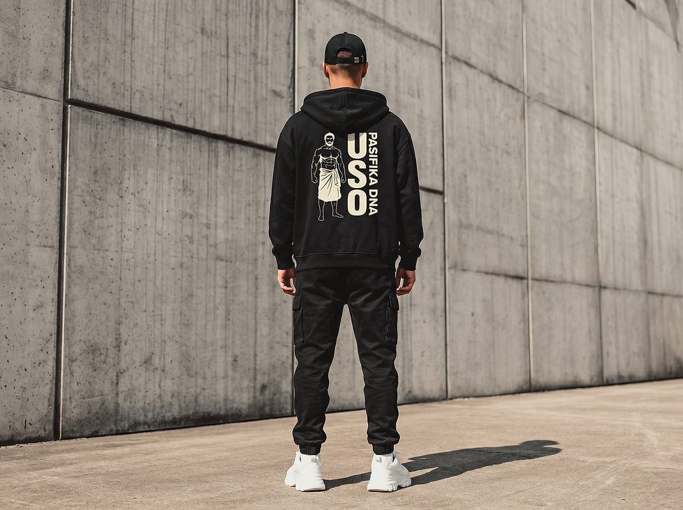 Thumbnail: Pasifika Zip Hood in black male model full body shot back view