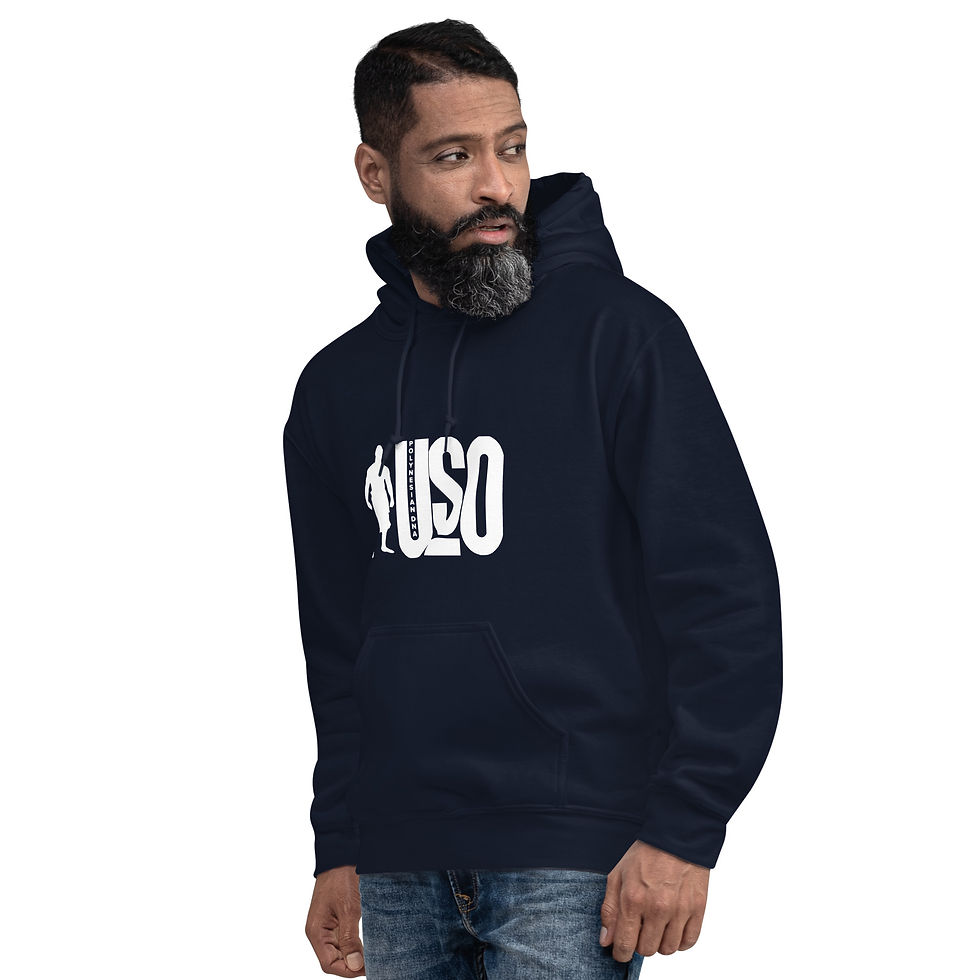 Thumbnail: Melanated Rootz hood in navy male model front angle