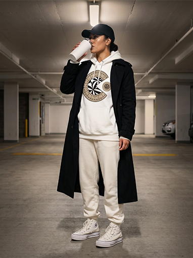 Thumbnail: The Arcade Hood in white female model in black trench coat drinking from thermal mug front view