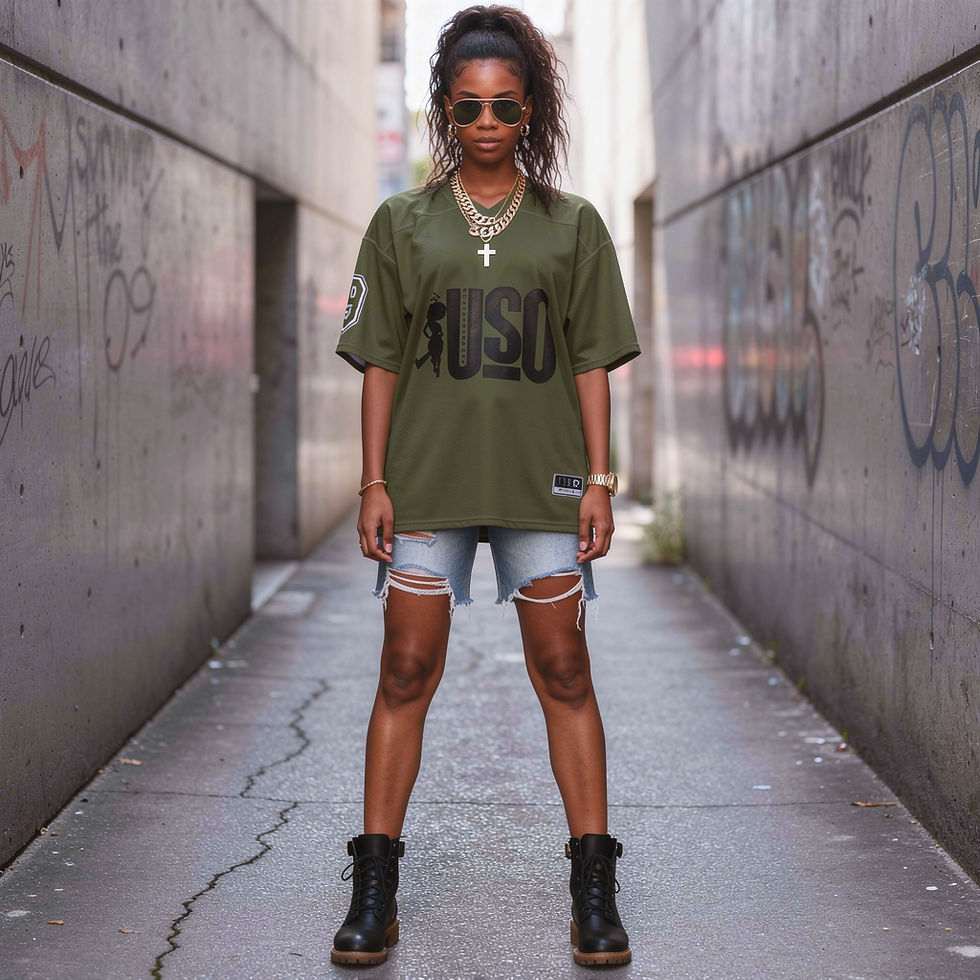 PDNA Gridiron Jersey in deep olive  brown female model front full body shot