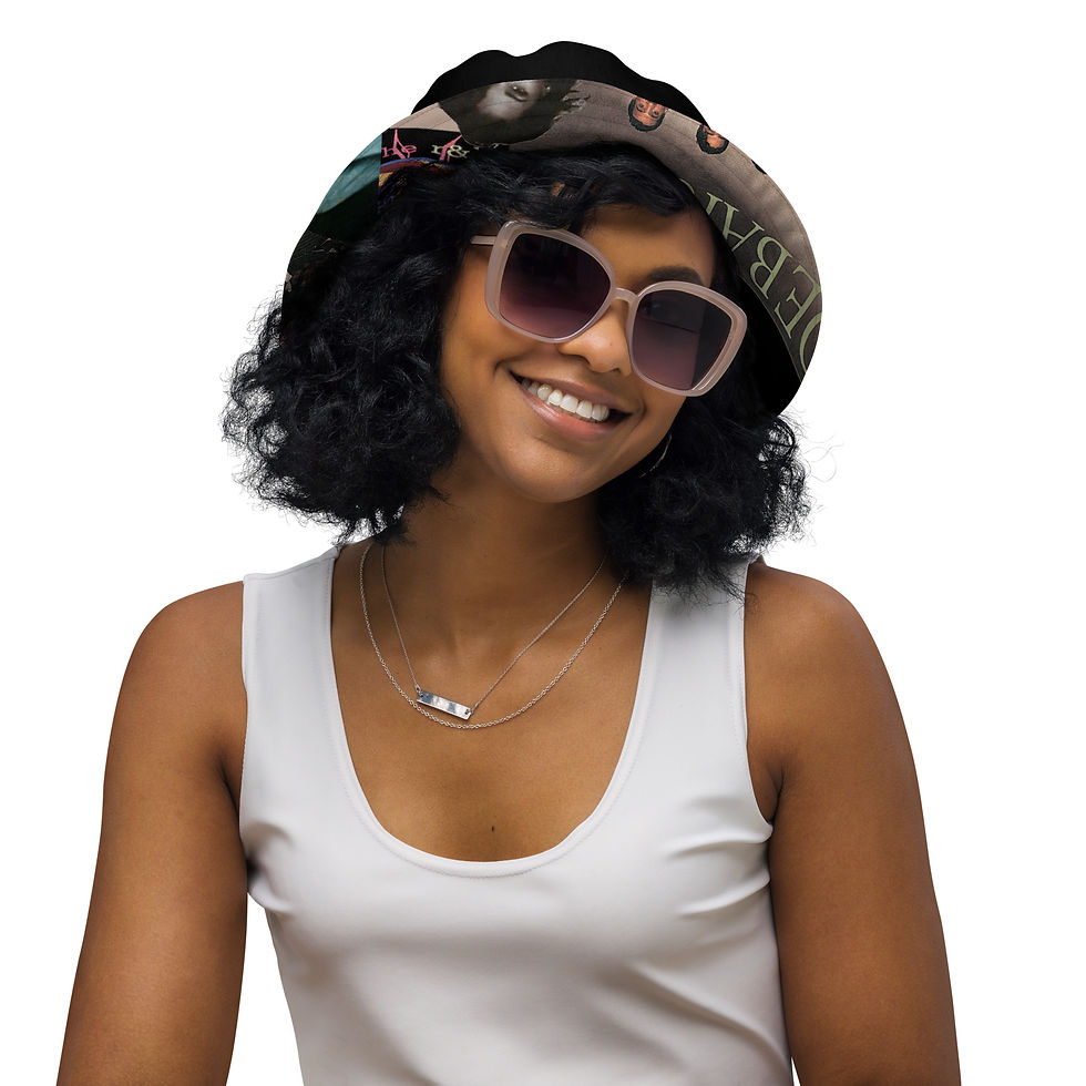 Thumbnail: JADE bucket hat in all-over-print female model front view wearing sunglasses