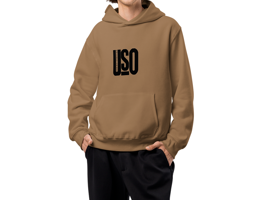 Thumbnail: Oversized Poly DNA Hood in vintage brown male model front view 2