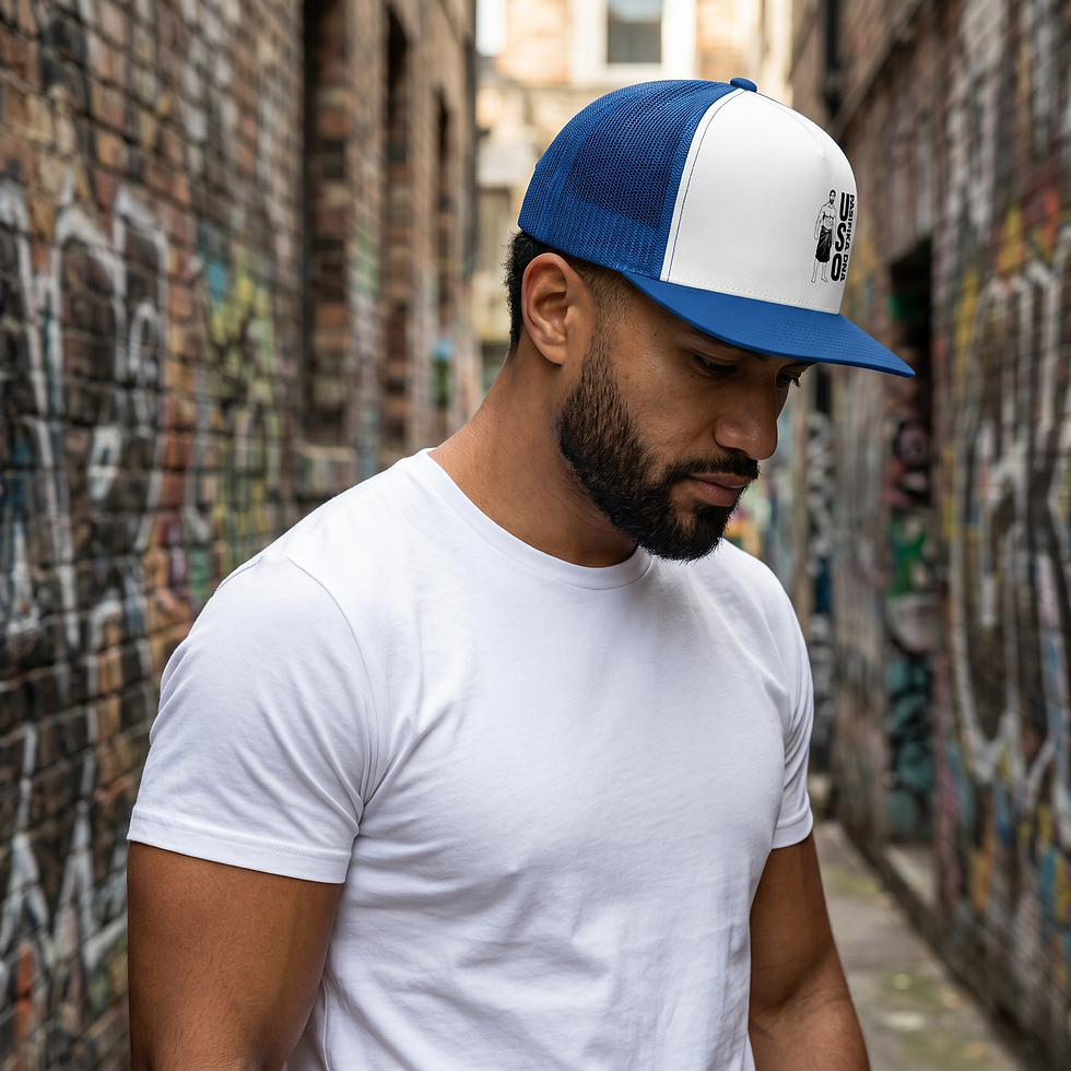 Thumbnail: Color code Trucker Hat in royal/white/royal lifestyle photo of male model side angle view