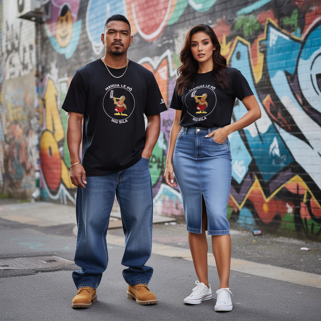Manuia le po cotton Tee in black male and female model full body pose and grafitti backdrop