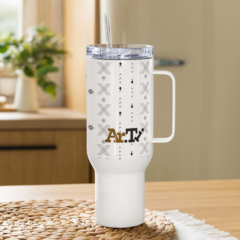 Thumbnail: Ar.Ti Large travel mug in white sitting on a dining table with the Ar.Ti logo showing