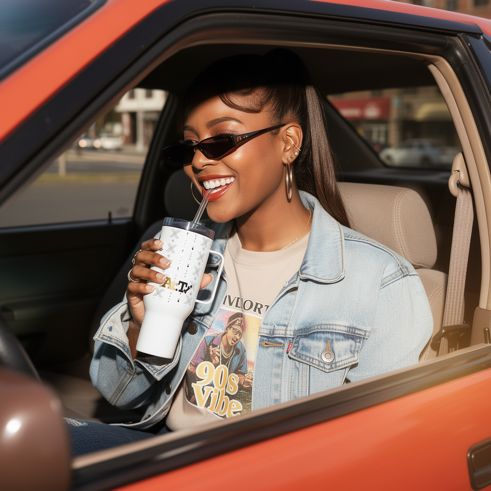 Thumbnail: Ar.Ti Large travel mug in white female model sipping on drink seated in a car