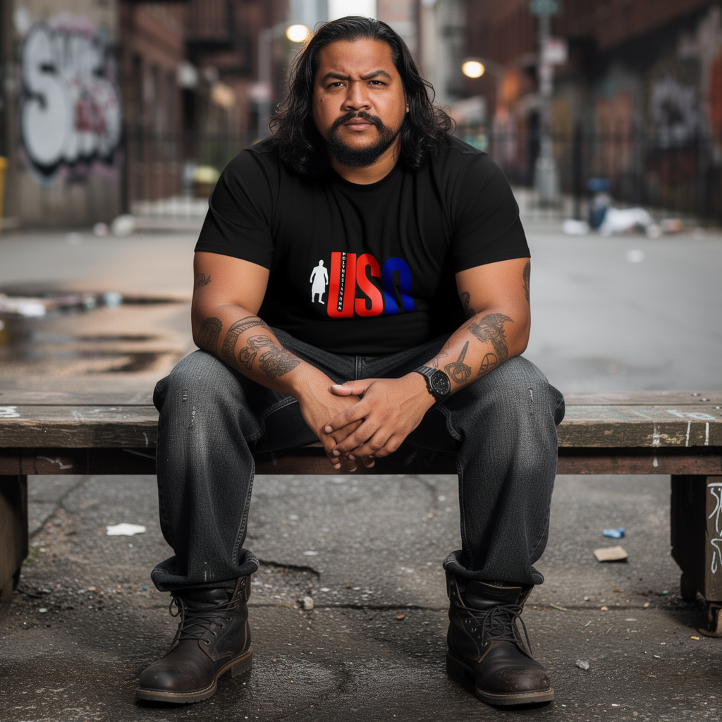 Men’s Poly heavy tee in black male model sitting front view