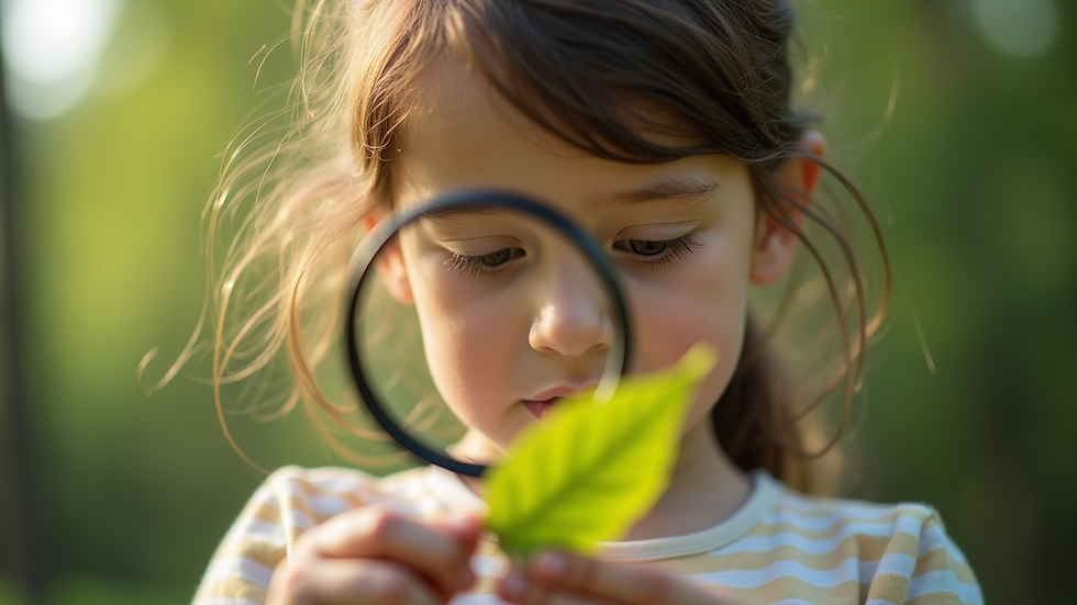 Close-up view of a child examining a leaf with a magnifying glass