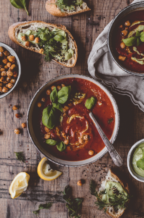 Tomato Soup Drizzled with Mint-Flavored Avocado Yogurt & Crispy Chickpeas