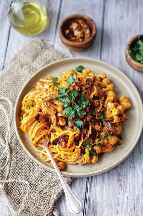 Cashew and Tomato Chickpea Pasta with Coconut Bacon