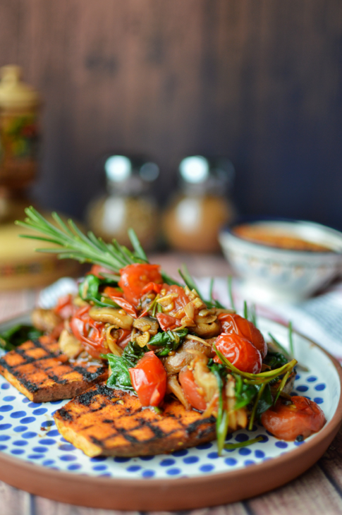 Sweet Potato Steaks with Mushrooms, Spinach and Tomatoes