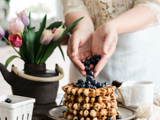 Peanut Butter Roasted Banana Waffles