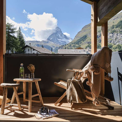 The view of the Matterhorn in Switzerland from the balcony of CERVO hotel, in Zermatt, Switzerland.
