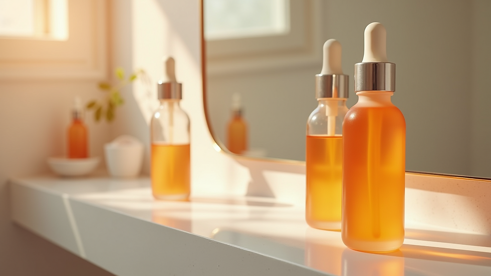 Eye-level view of skincare products including vitamin C serum on a bathroom shelf