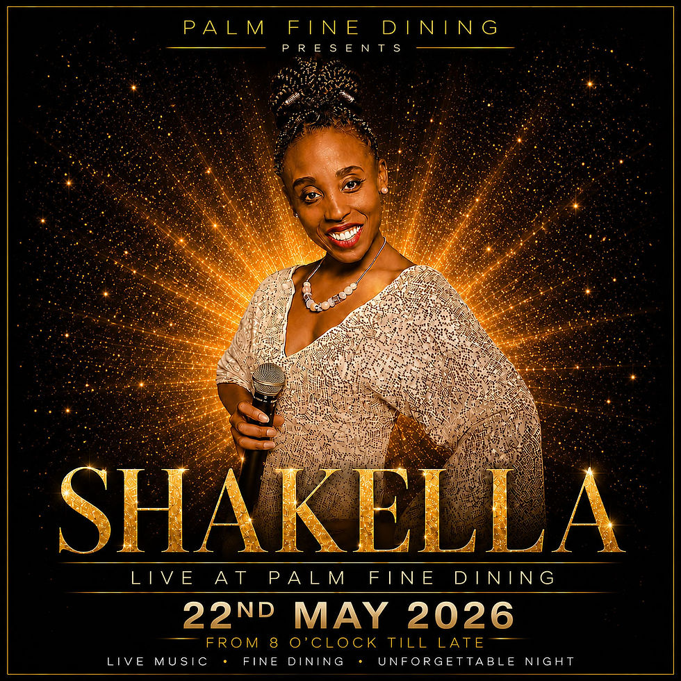 Palm Fine Dining presents Shakella live performance event poster in elegant black and gold design with sparkling lights, singer holding microphone, event date 22nd May 2026 and luxury fine dining atmosphere.