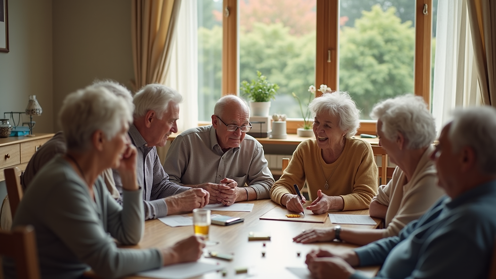 high angle view of community center with elderly people participating in a group activity