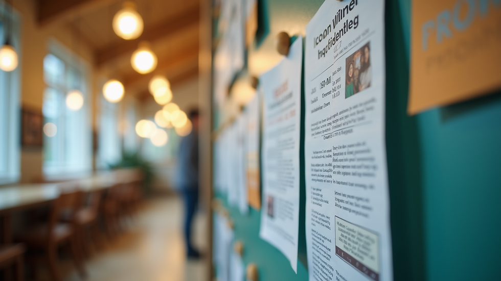 Eye-level view of a community center bulletin board with event flyers