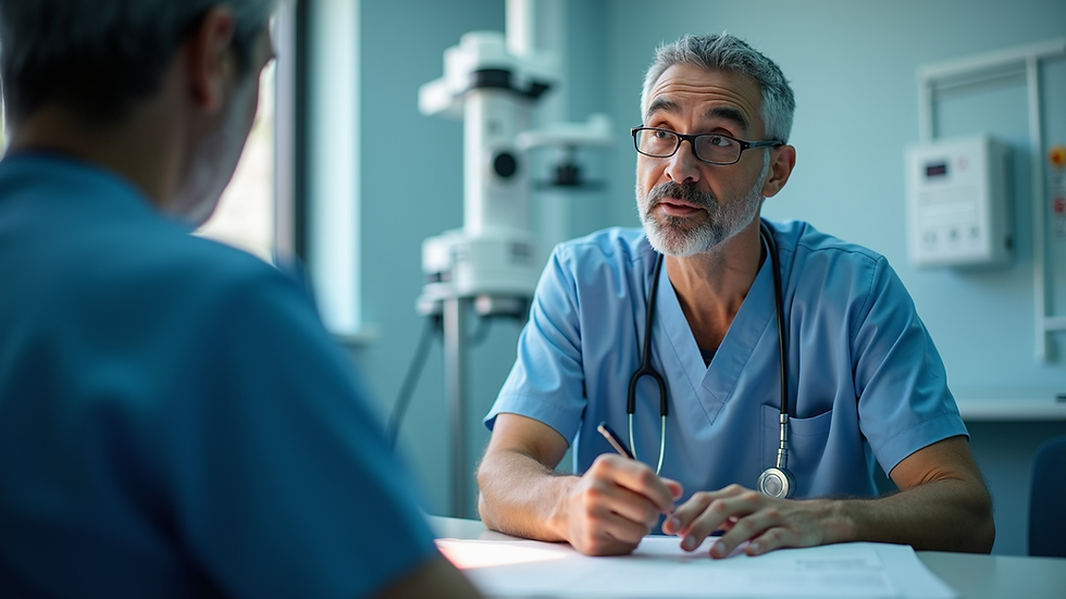 Eye-level view of a neurosurgeon discussing treatment options with a patient