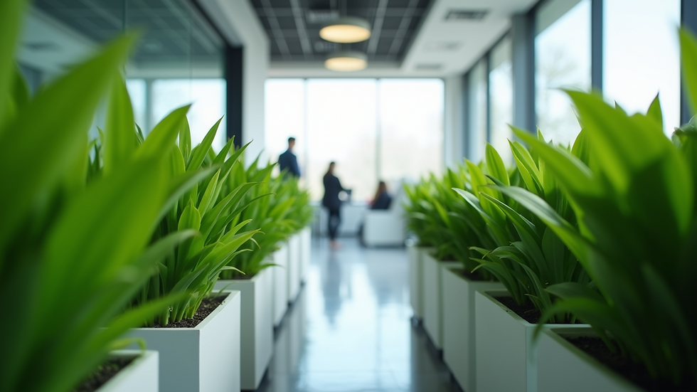 Eye-level view of vibrant green plants in a modern office setting