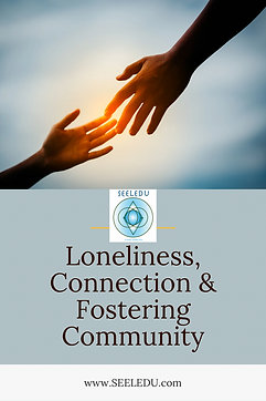 Two hands reach out for each other on a blue background illuminated by golden light. The title reads "loneliness, connection & fostering community"