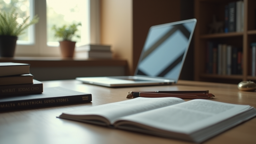 Eye-level view of a study desk with books and a laptop