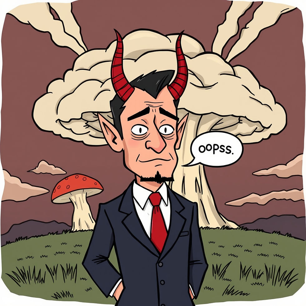 "mushroom cloud in background, man in suit with devil horns saying "oops"" -Hopefully obvious, but Ai generated...
